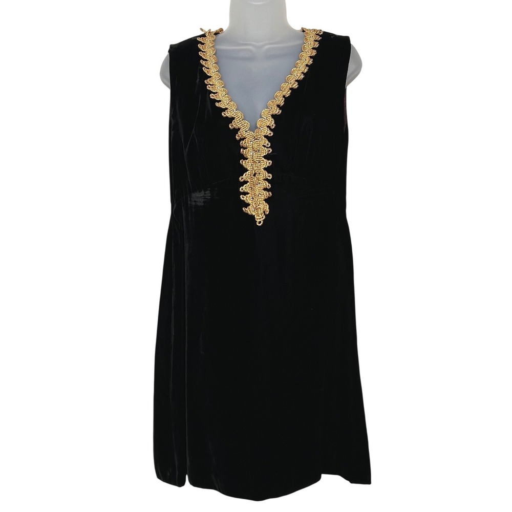 Vintage Black Velvet Dress Gold Trim V Neck Sleeveless Sheath Knee 36" Bust Boho
